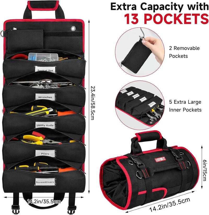 LEFORZ Tool Bag,Large Roll Up Tool Bag Organizer,13 Pockets Tool Roll Storage Pouch,Heavy Duty Portable Tool Storage Carrier Bag for Men,Mechanic,Electrician & Hobbyist,Black/Red - Image 3